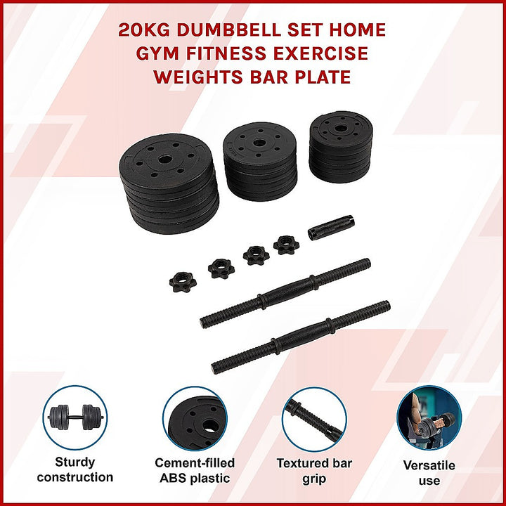 20kg Dumbbell Set Home Gym Fitness Exercise Weights Bar Plate