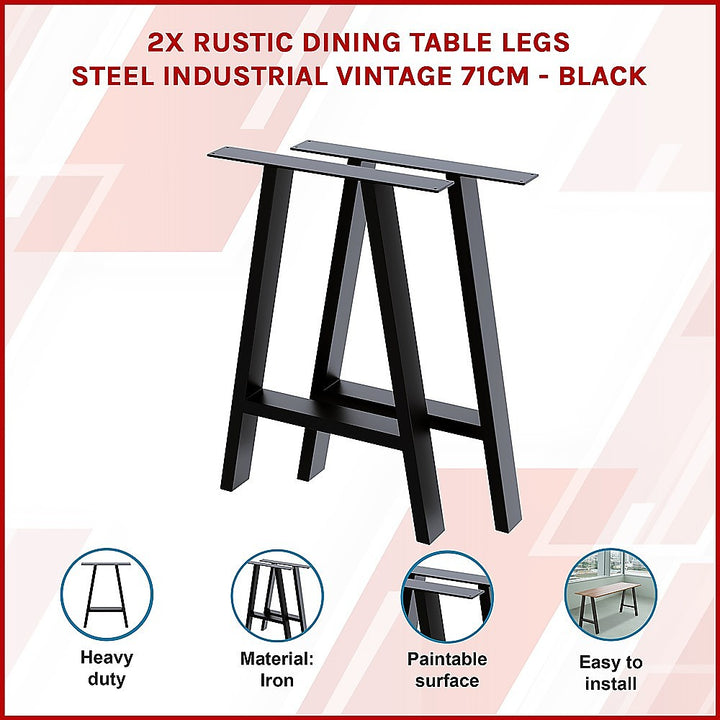 2x Rustic Dining Table Legs Steel Industrial Vintage 71cm - Black