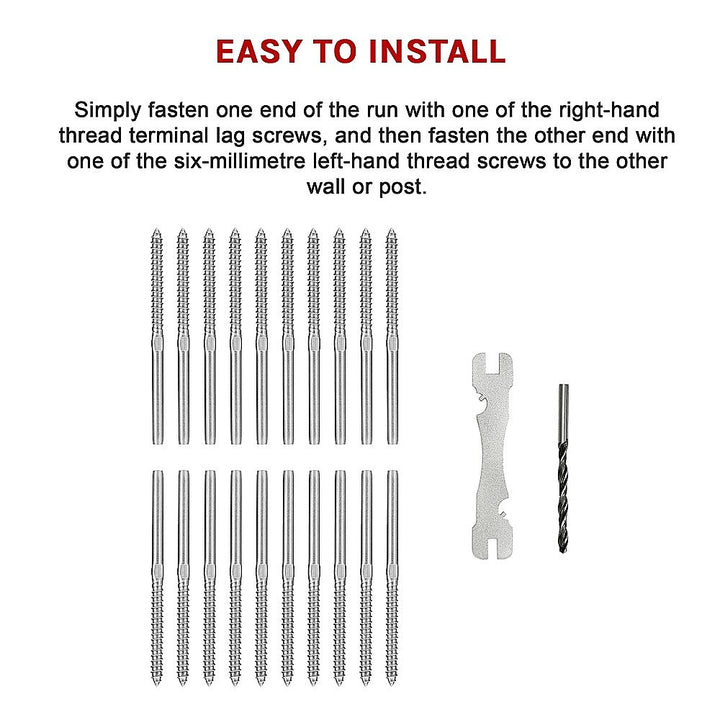 Stainless Steel DIY Rope Balustrade Kit 3.2mm Swage 2 x Lag Screw Term - 10 pack