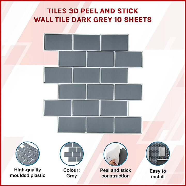 Tiles 3D Peel and Stick Wall Tile Dark Grey 10 Sheets