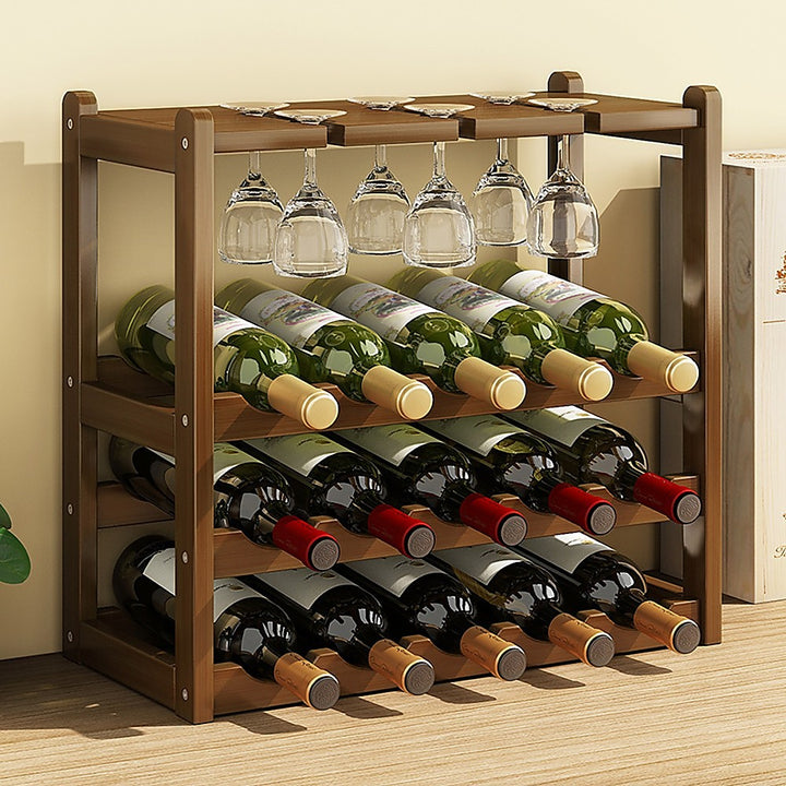 Bamboo Wine Rack Free Standing 15 Bottles with 6 Glasses Holder Storage in Dark Brown