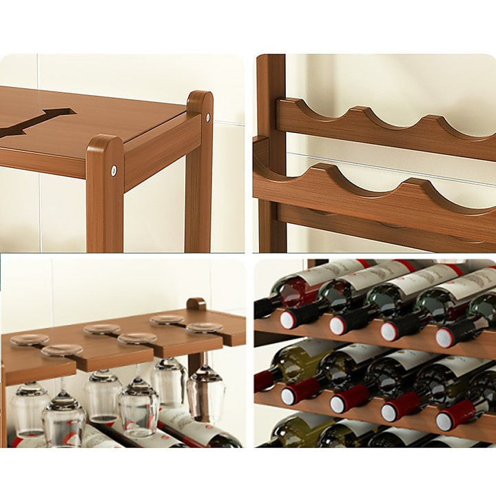 Bamboo Wine Rack Free Standing 15 Bottles with 6 Glasses Holder Storage in Dark Brown