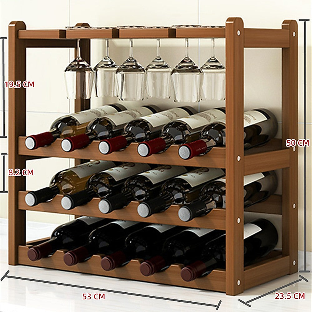 Bamboo Wine Rack Free Standing 15 Bottles with 6 Glasses Holder Storage in Dark Brown