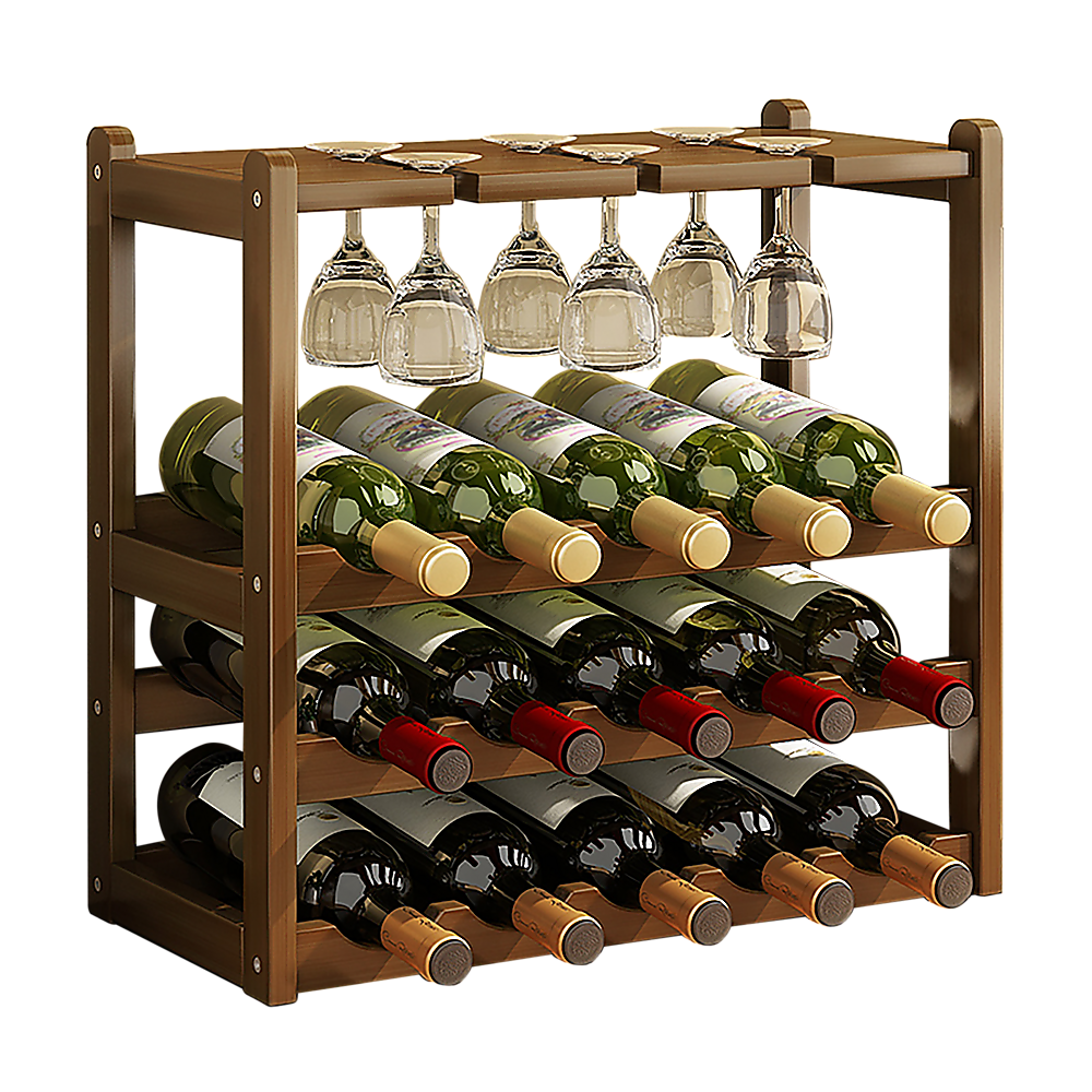 Bamboo Wine Rack Free Standing 15 Bottles with 6 Glasses Holder Storage in Dark Brown