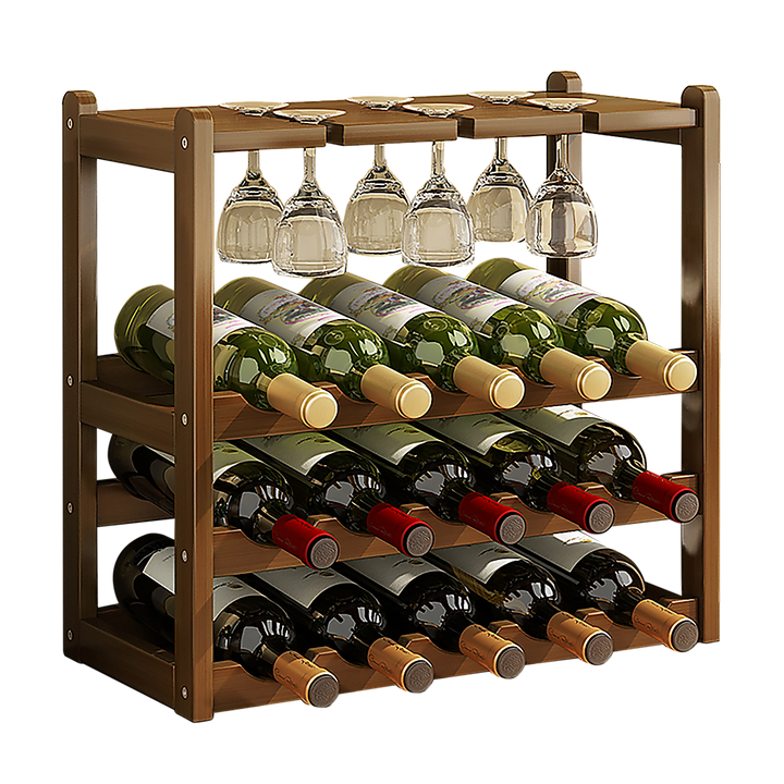 Bamboo Wine Rack Free Standing 15 Bottles with 6 Glasses Holder Storage in Dark Brown