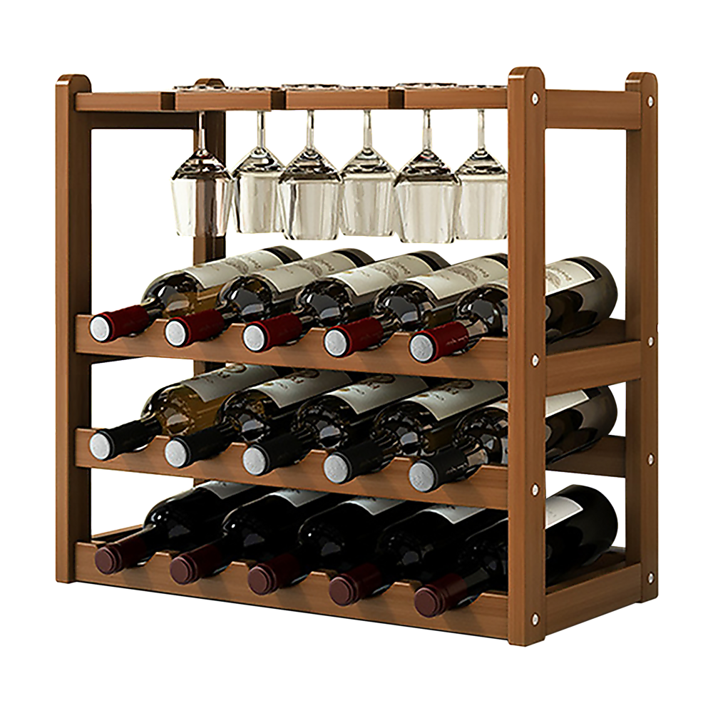 Bamboo Wine Rack Free Standing 15 Bottles with 6 Glasses Holder Storage in Dark Brown