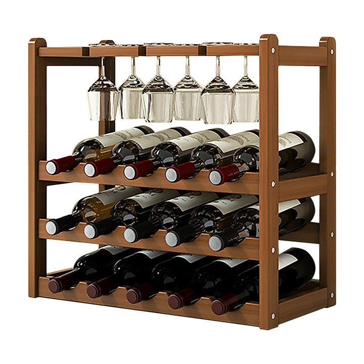 Bamboo Wine Rack Free Standing 15 Bottles with 6 Glasses Holder Storage in Dark Brown