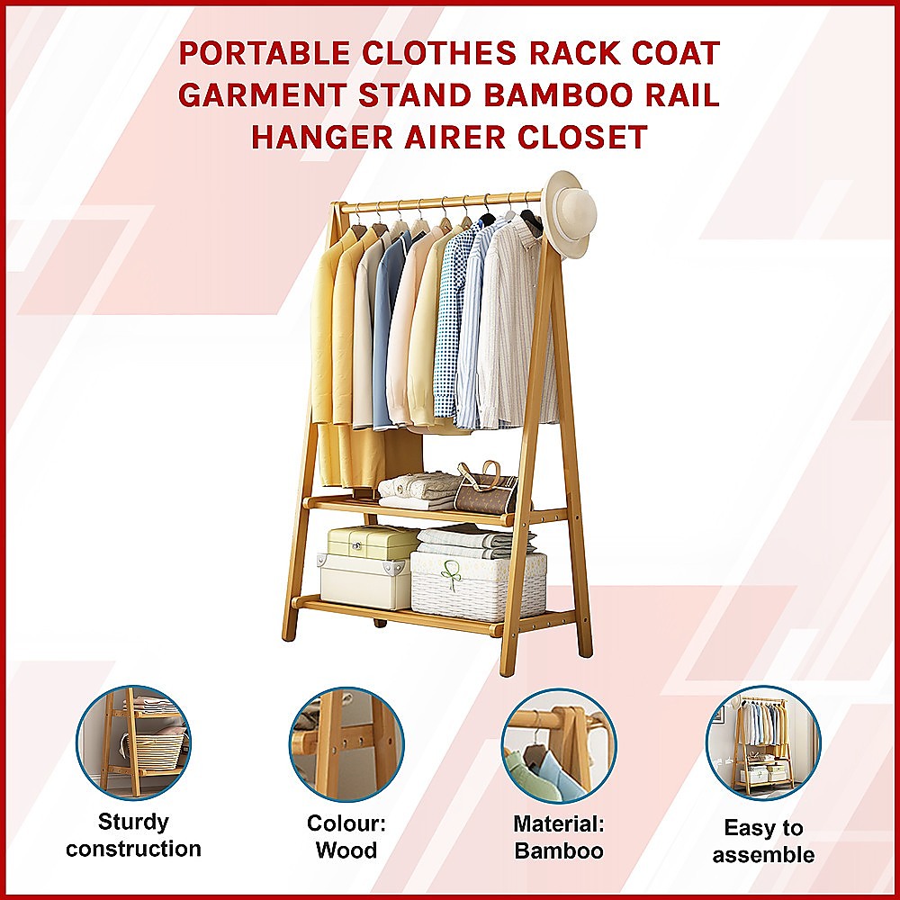 Portable Clothes Rack Coat Garment Stand Bamboo Rail Hanger Airer Closet