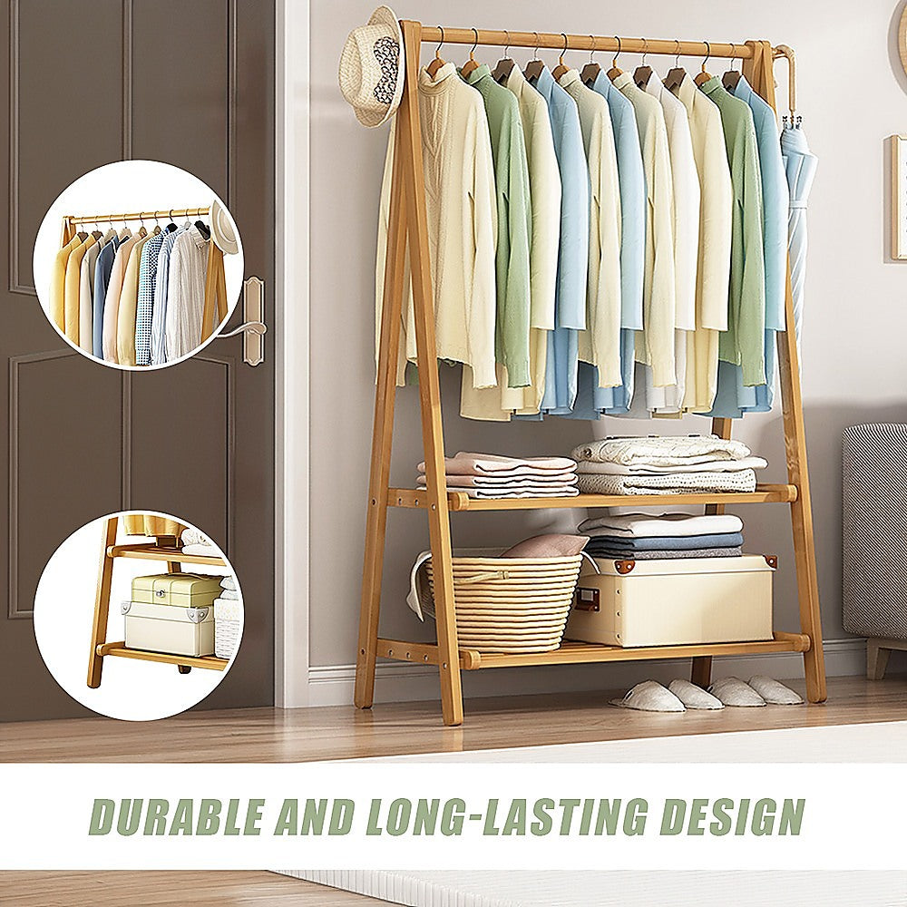 Portable Clothes Rack Coat Garment Stand Bamboo Rail Hanger Airer Closet