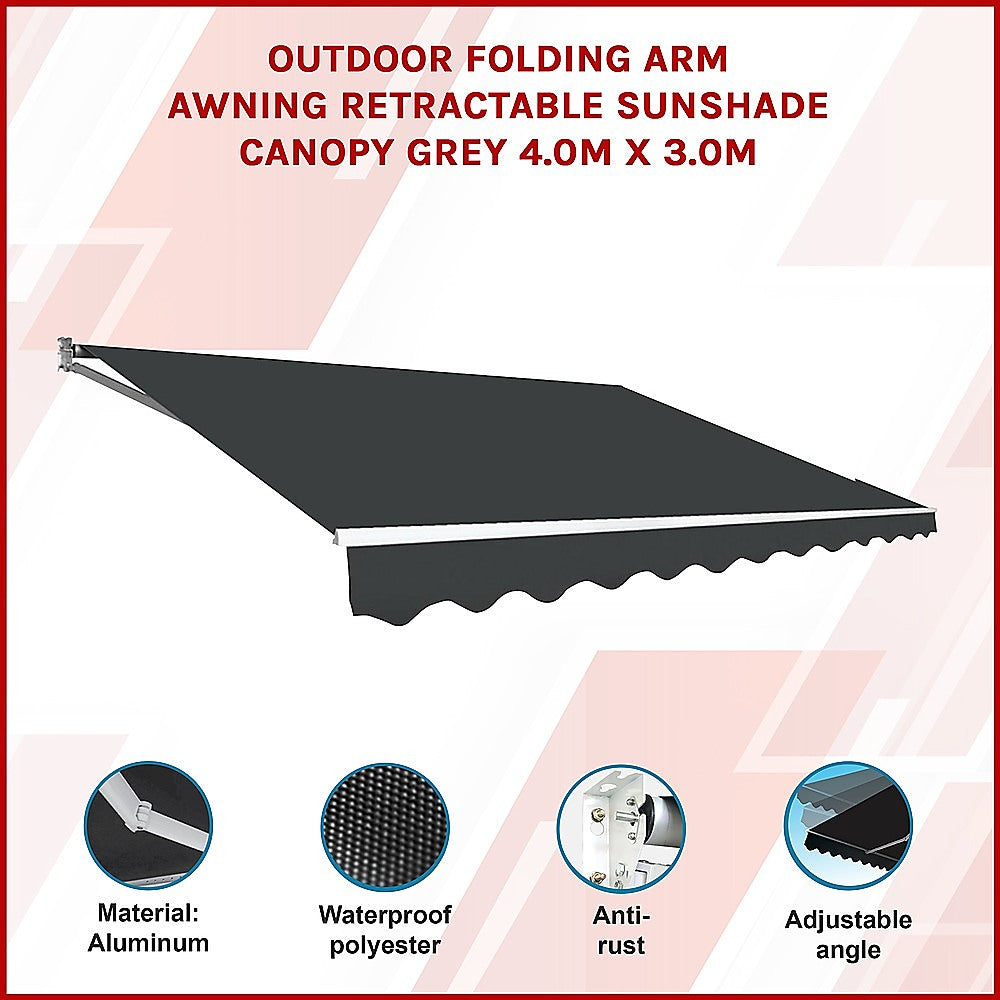 Outdoor Folding Arm Awning Retractable Sunshade Canopy Grey 4.0m x 3.0m