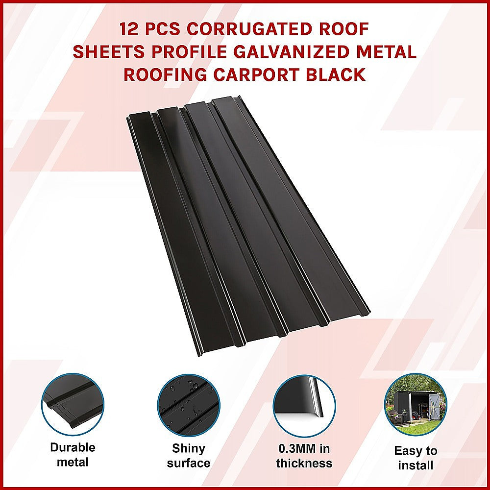 12 PCs Corrugated Roof Sheets Profile Galvanized Metal Roofing Carport Black