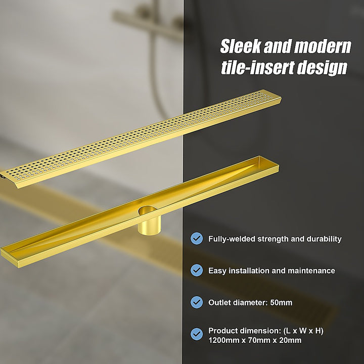 1200mm Bathroom Shower Brushed Brass Grate Drain w/ Centre outlet Floor Waste Square Pattern