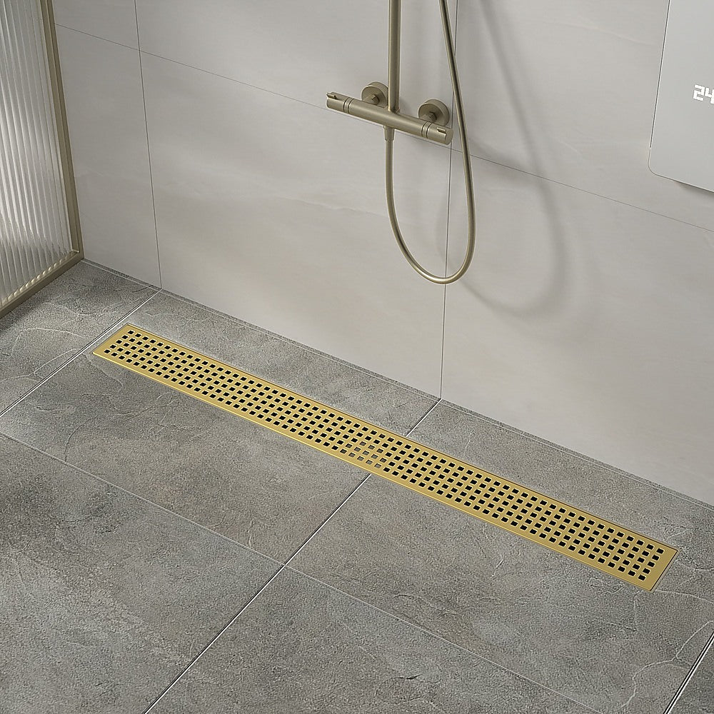 1200mm Bathroom Shower Brushed Brass Grate Drain w/ Centre outlet Floor Waste Square Pattern