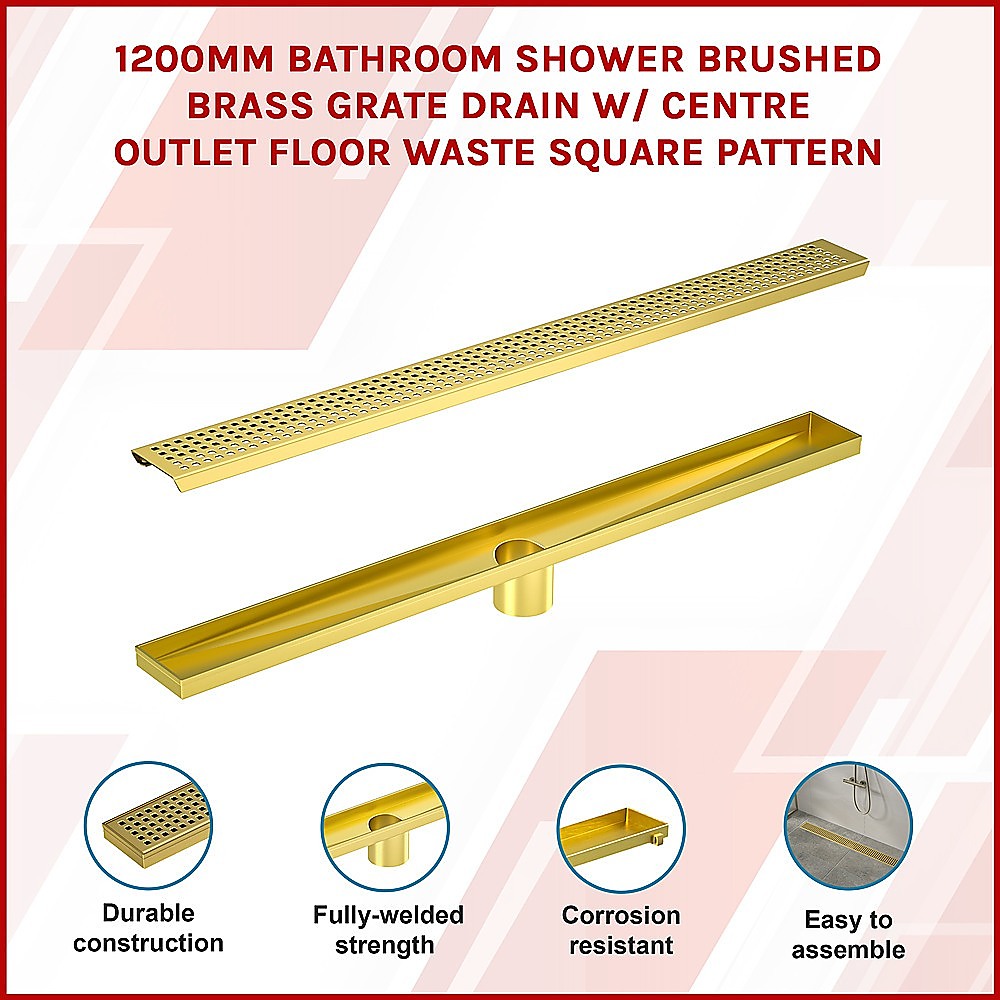 1200mm Bathroom Shower Brushed Brass Grate Drain w/ Centre outlet Floor Waste Square Pattern