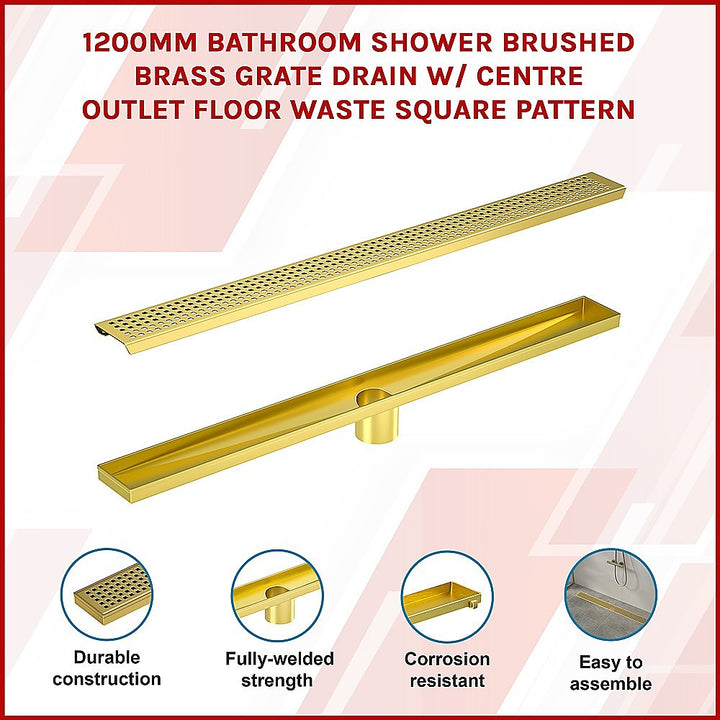 1200mm Bathroom Shower Brushed Brass Grate Drain w/ Centre outlet Floor Waste Square Pattern