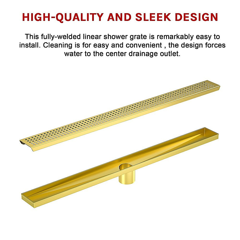 1200mm Bathroom Shower Brushed Brass Grate Drain w/ Centre outlet Floor Waste Square Pattern