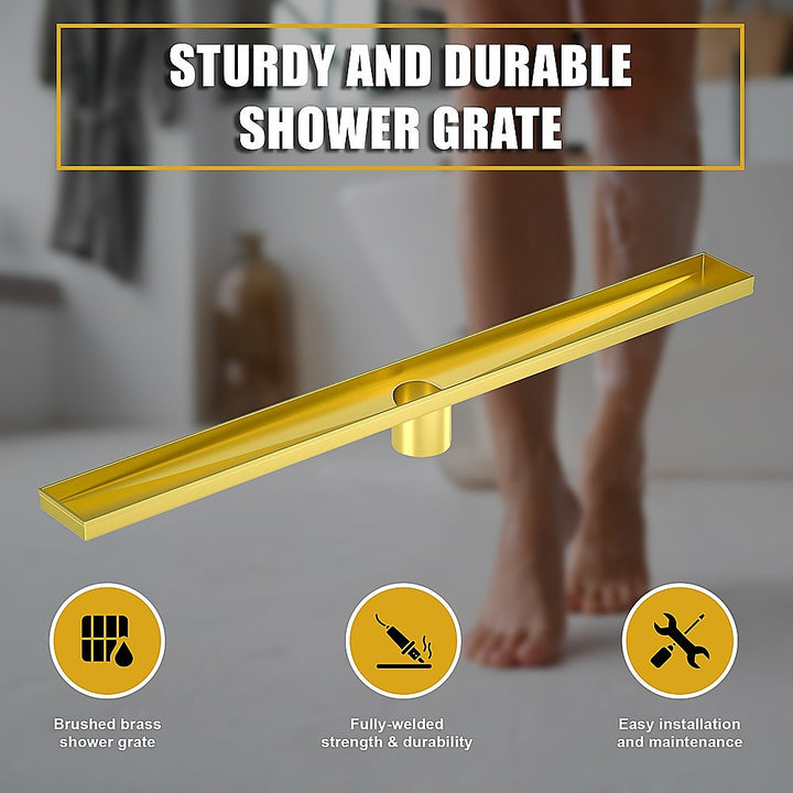 1200mm Bathroom Shower Brushed Brass Grate Drain w/ Centre outlet Floor Waste Square Pattern