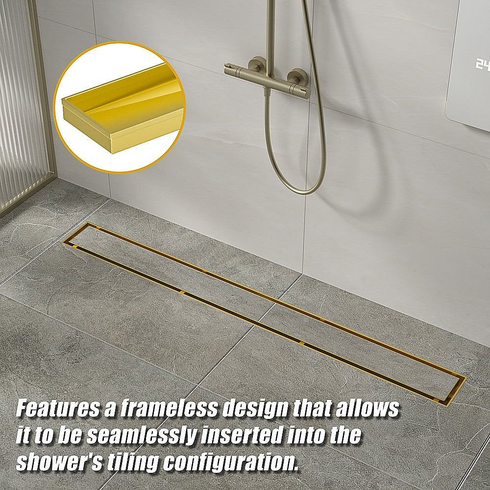 900mm Tile Insert Bathroom Shower Brushed Brass Grate Drain w/ Centre outlet Floor Waste