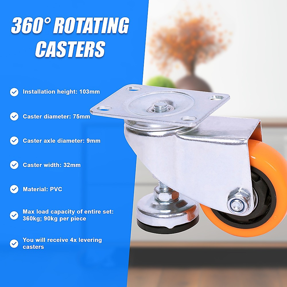 Leveling Casters Swivel Wheels Set of 4, 360 kg Total Load Capacity