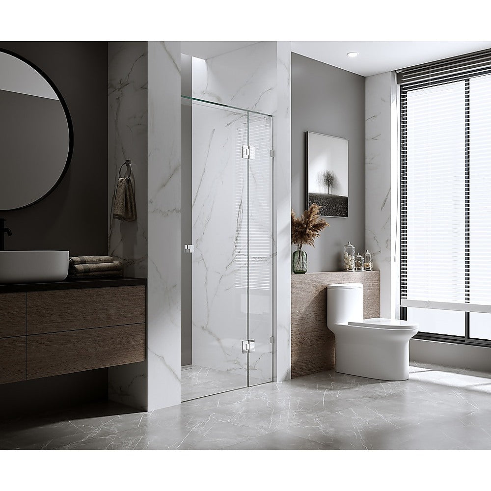 110cm Wall to Wall Frameless Shower Screen with Chrome Brackets and SS Hinges, Square Knob Handle