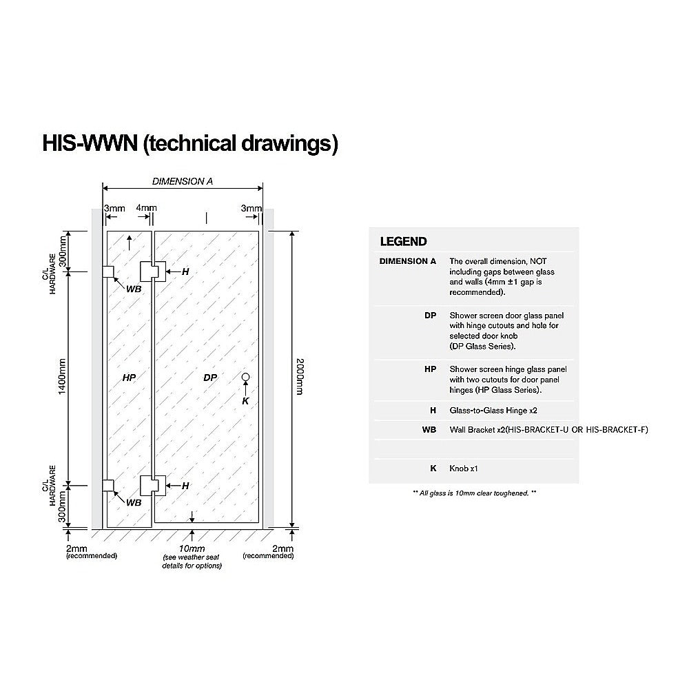 110cm Wall to Wall Frameless Shower Screen with Chrome Brackets and SS Hinges, Square Knob Handle