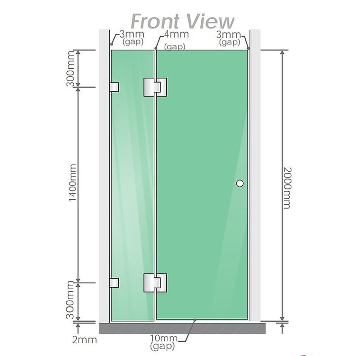 110cm Wall to Wall Frameless Shower Screen with Chrome Brackets and SS Hinges, Square Knob Handle