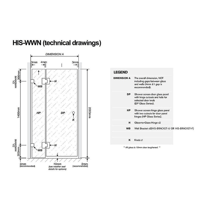 110cm Wall to Wall Frameless Shower Screen with Black Brackets and SS Hinges, Square Knob Handle