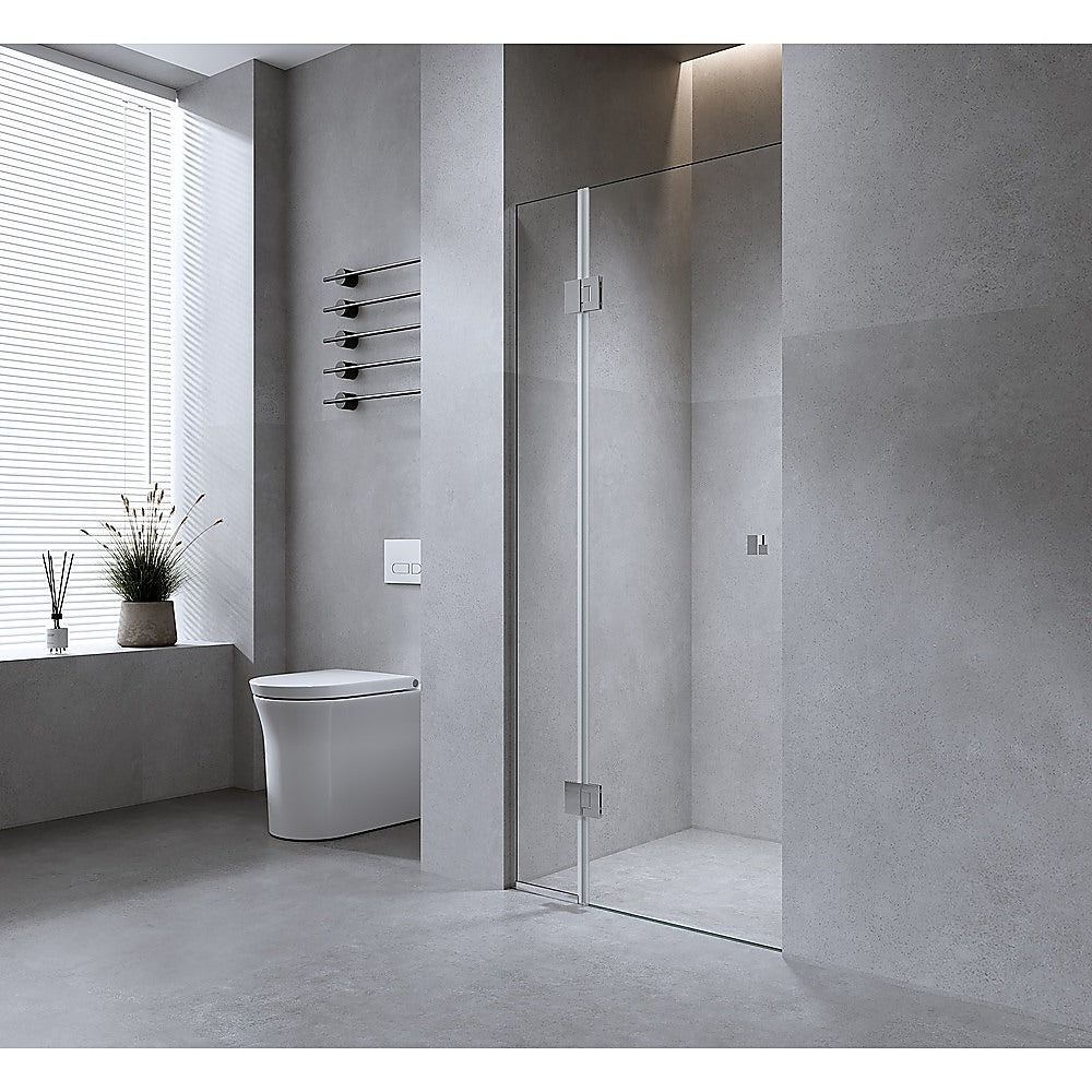 100cm Wall to Wall Frameless Shower Screen with White Channel and SS Hinges , Square Knob Handle