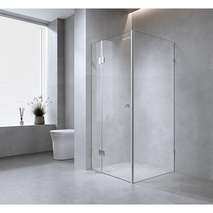 110x70cm Corner Frameless Shower Screen with Chrome Brackets and SS Hinges, Square Knob Handle