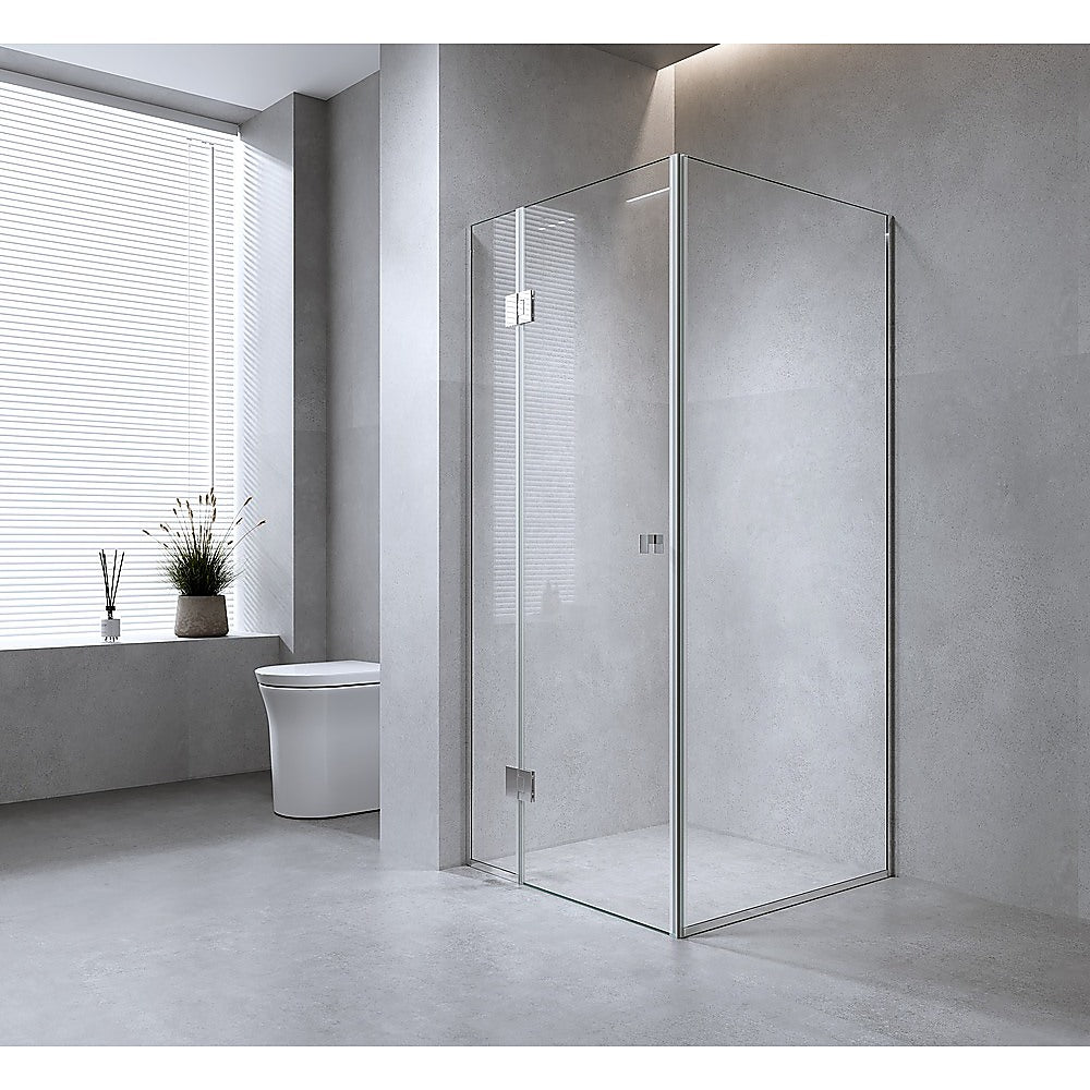 110x70cm Corner Frameless Shower Screen with Chrome Channel and SS Hinges, Square Knob Handle