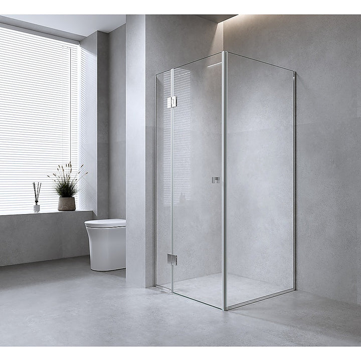 110x70cm Corner Frameless Shower Screen with Chrome Channel and SS Hinges, Square Knob Handle