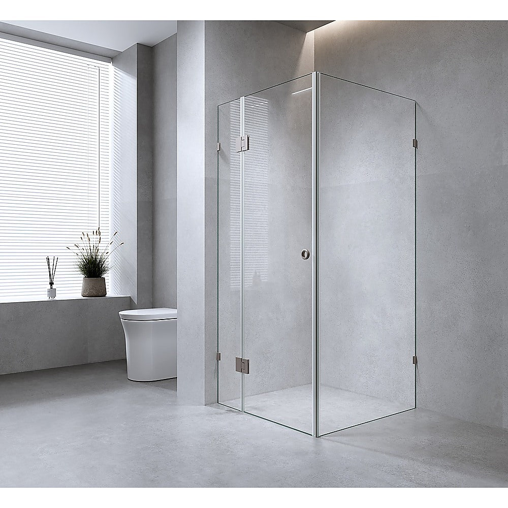 90x70cm Corner Frameless Shower Screen with Black Brackets and SS Hinges, Round Handle