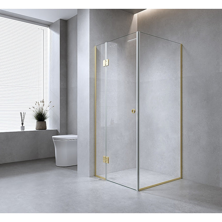 90x70cm Corner Frameless Shower Screen with Black Channel and SS Hinges, Round Handle