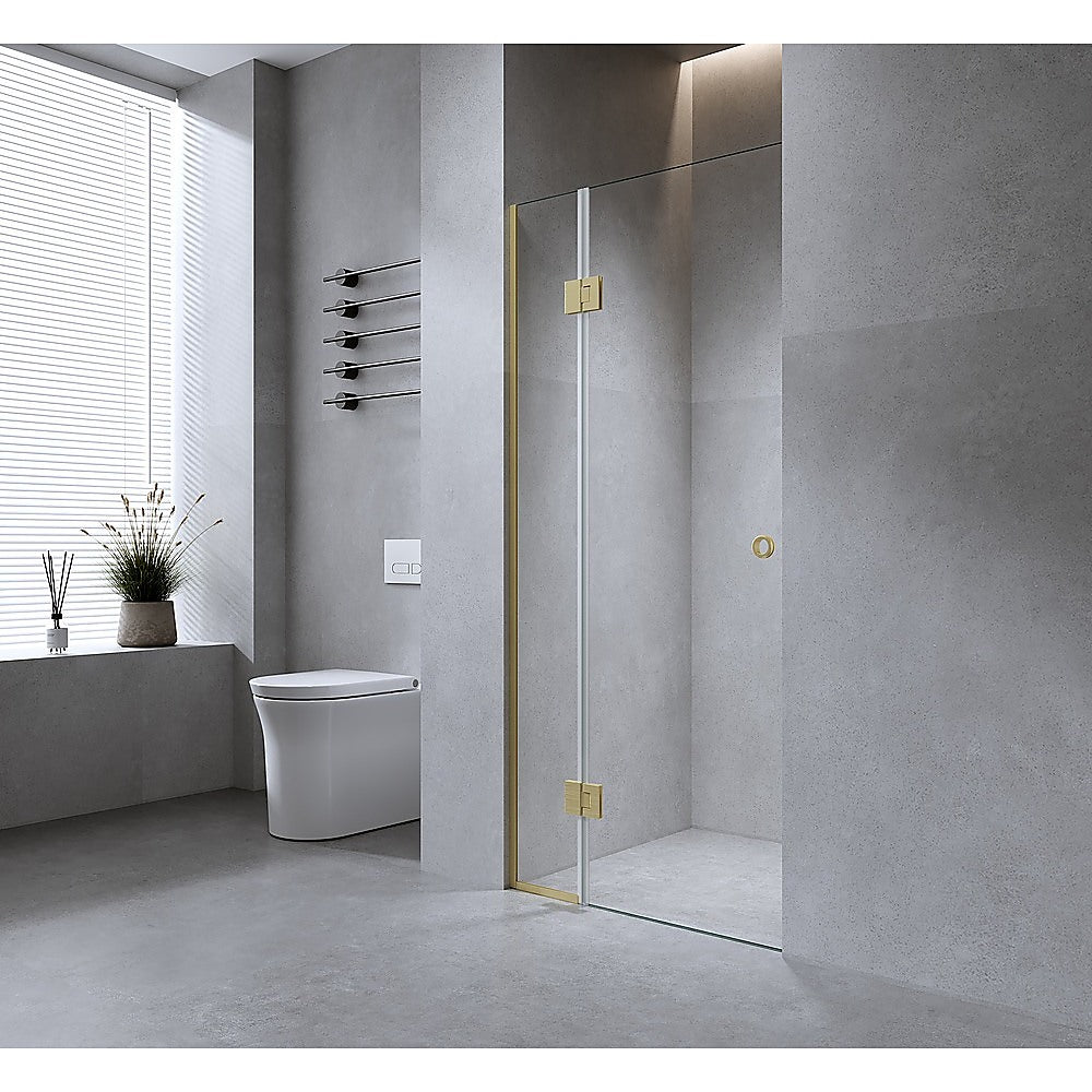 90cm Wall to Wall Frameless Shower Screen with Black Channel and SS Hinges , Round Handle