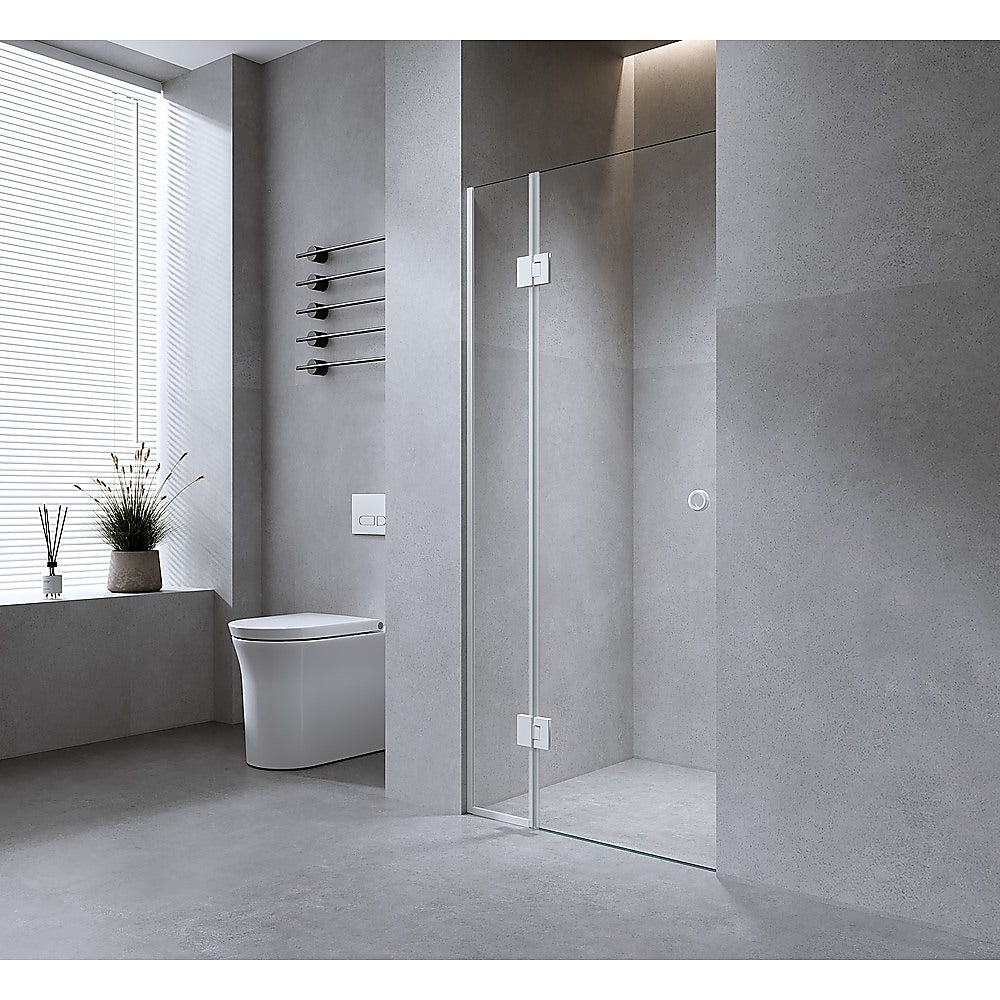 90cm Wall to Wall Frameless Shower Screen with Black Channel and SS Hinges , Round Handle