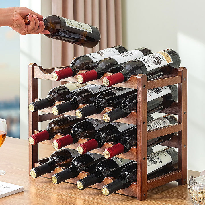 Bamboo Wine Rack Free Standing 15 Bottles with 6 Glasses Holder Storage in Brown