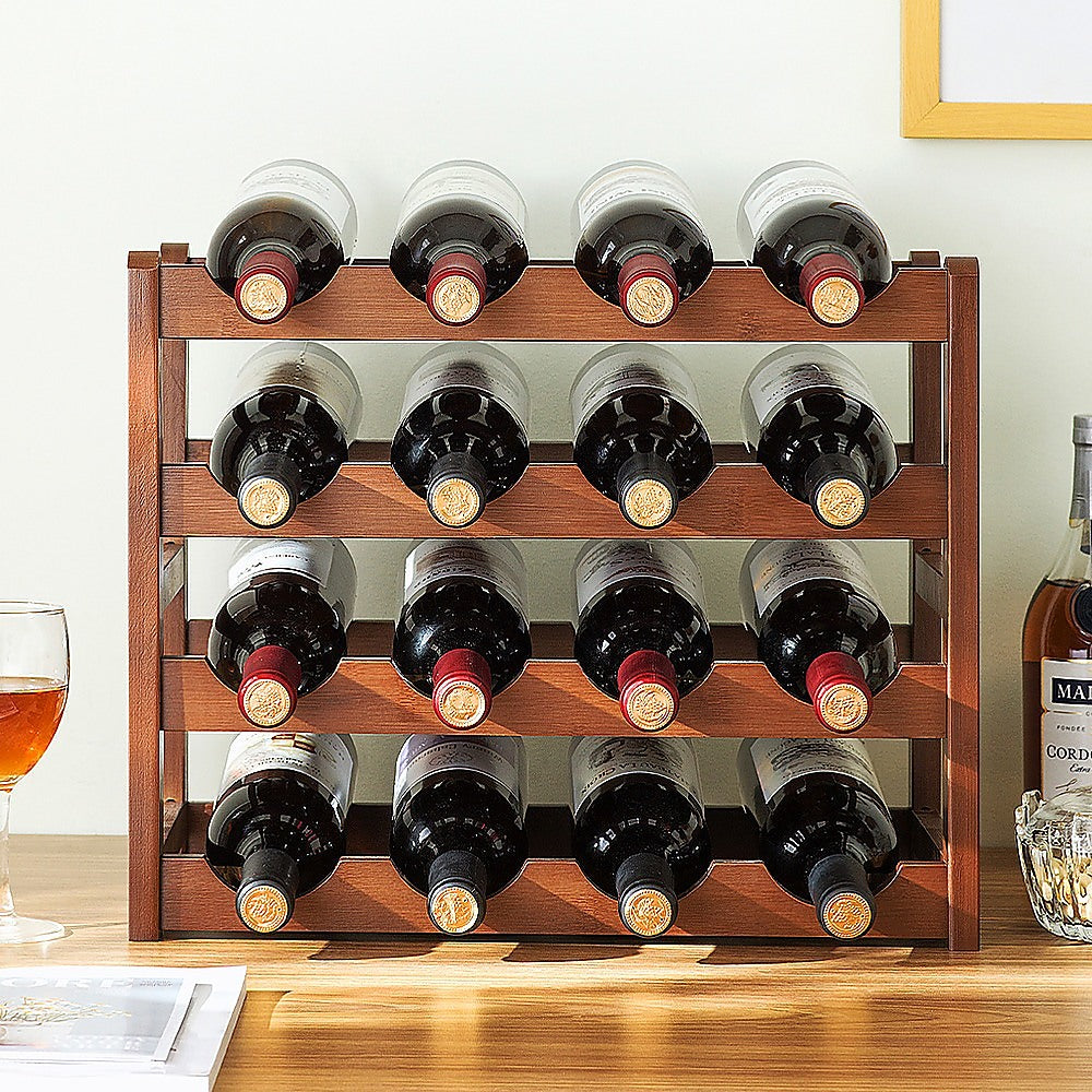 Bamboo Wine Rack Free Standing 15 Bottles with 6 Glasses Holder Storage in Brown