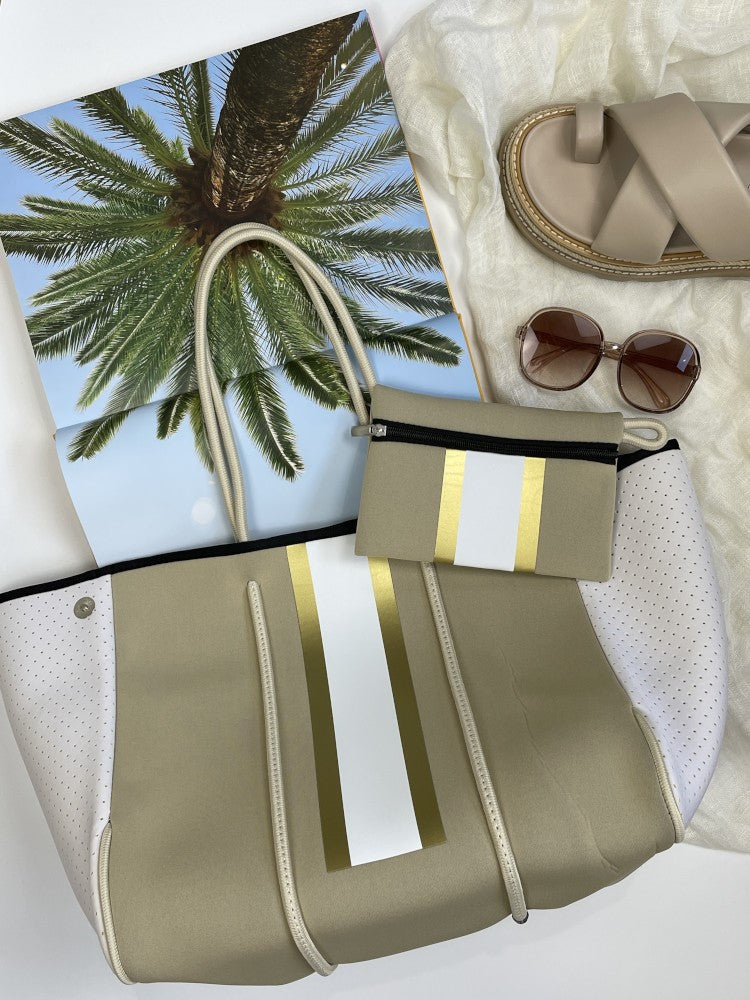 Neoprene Bag - Vegan Tote - 2 Piece Set - Stripe - Beige & Gold