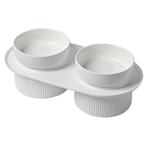 24x Ribbed Ceramic Double Pet Bowl 3pc Set - Emerald