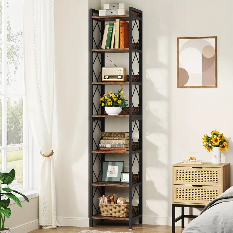 NNETMLT 78.7 Inch Extra Tall 7 Tier Skinny Bookcase, Rustic Brown