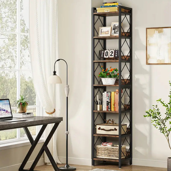 NNETMLT 78.7 Inch Extra Tall 7 Tier Skinny Bookcase, Rustic Brown