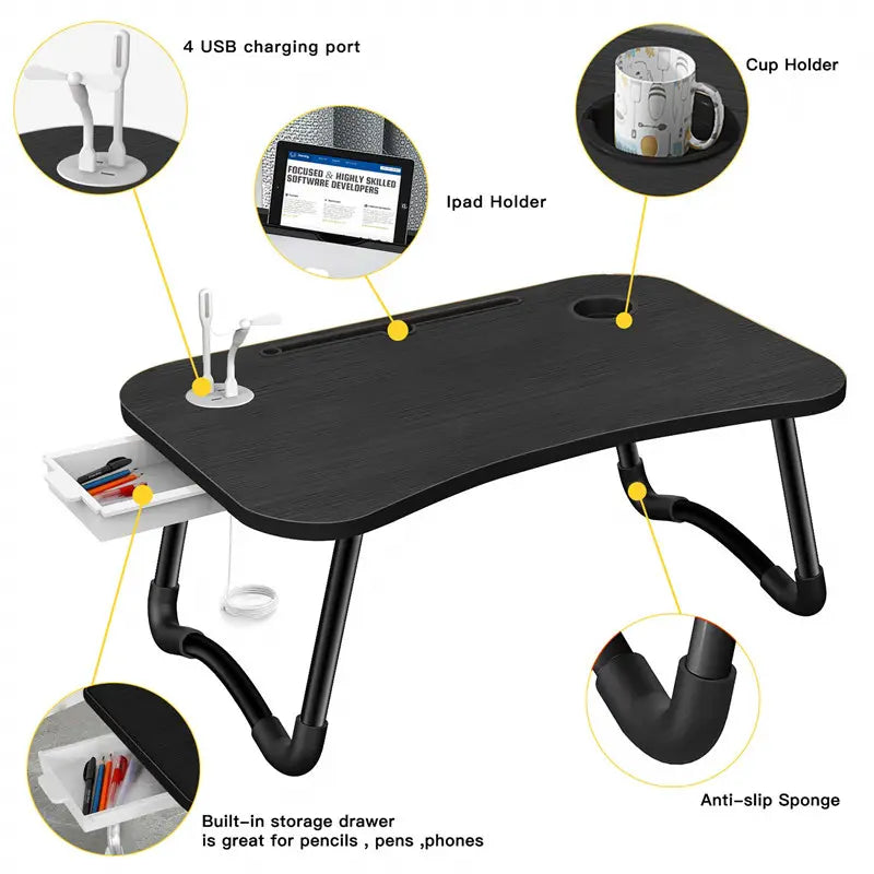 NNECN Laptop Desk Bed Table Tray Folding Breakfast Table Portable Lap Standing Desk Notebook Stand Reading Holder for Bed/Sofa Large Lap Desk with USB-Charger and Cup-Holder