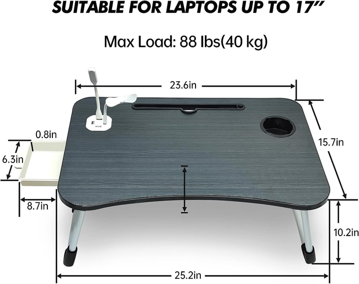 NNECN Laptop Desk Bed Table Tray Folding Breakfast Table Portable Lap Standing Desk Notebook Stand Reading Holder for Bed/Sofa Large Lap Desk with USB-Charger and Cup-Holder