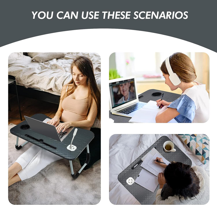 NNECN Laptop Desk Bed Table Tray Folding Breakfast Table Portable Lap Standing Desk Notebook Stand Reading Holder for Bed/Sofa Large Lap Desk with USB-Charger and Cup-Holder