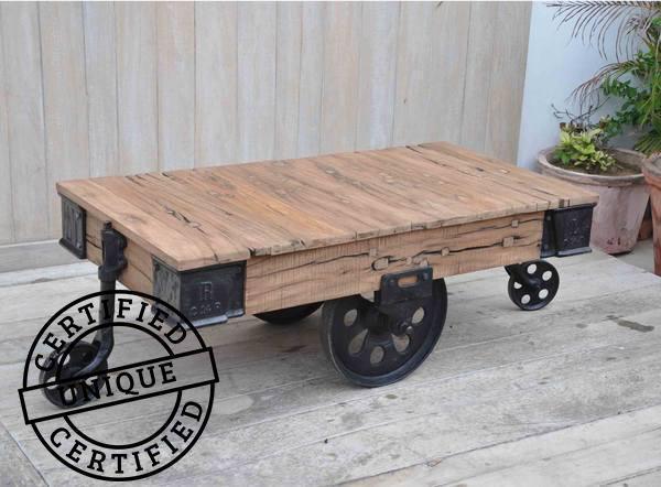 OLD RAILWAY SLEEPER INDUSTRIAL CART COFFEE TABLE