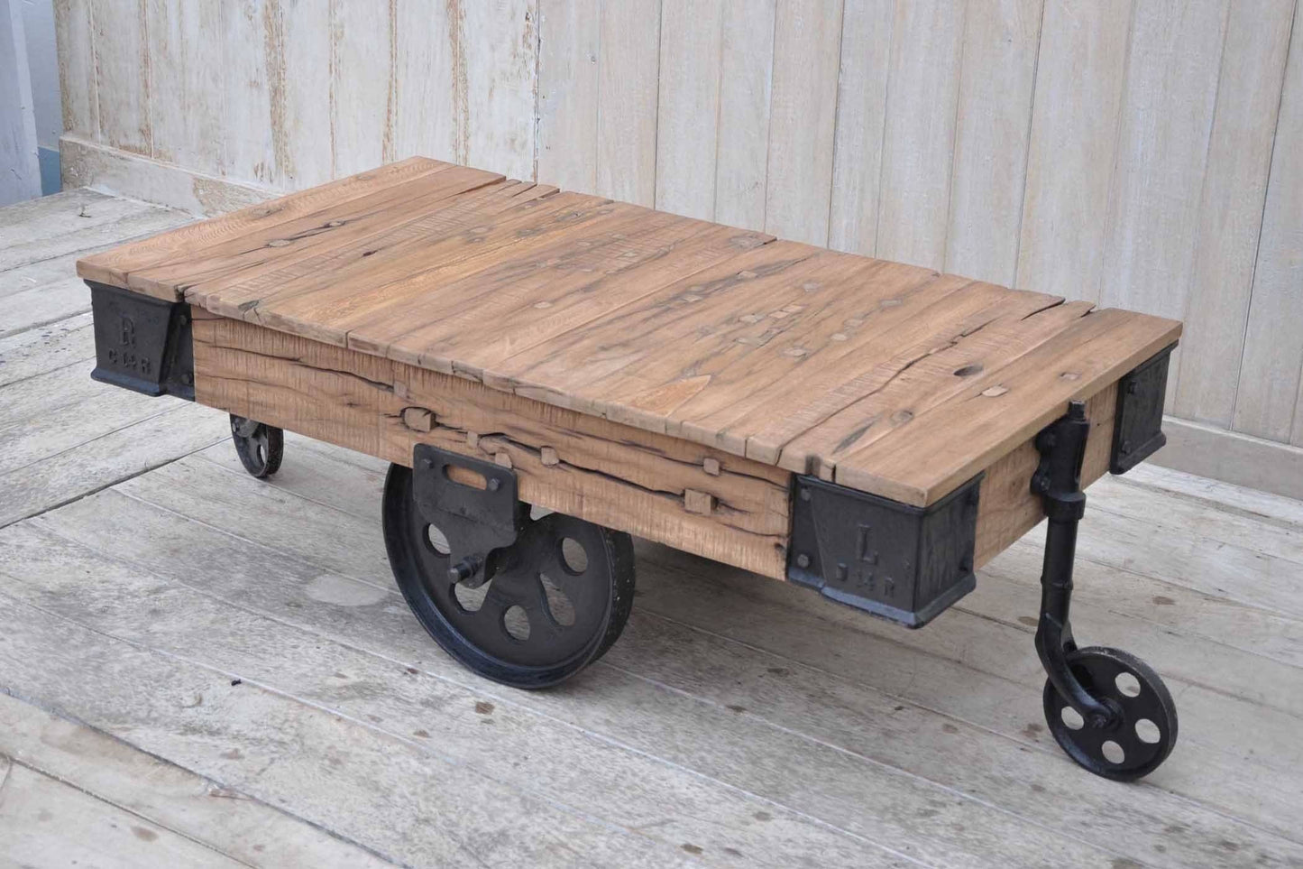 OLD RAILWAY SLEEPER INDUSTRIAL CART COFFEE TABLE