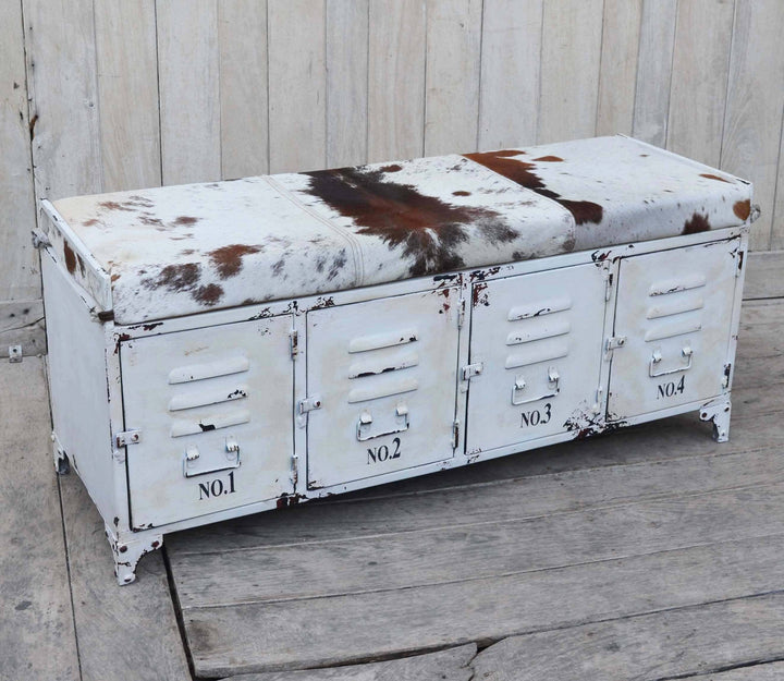 COWHIDE IRON LOCKER BENCH