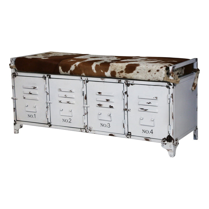 COWHIDE IRON LOCKER BENCH