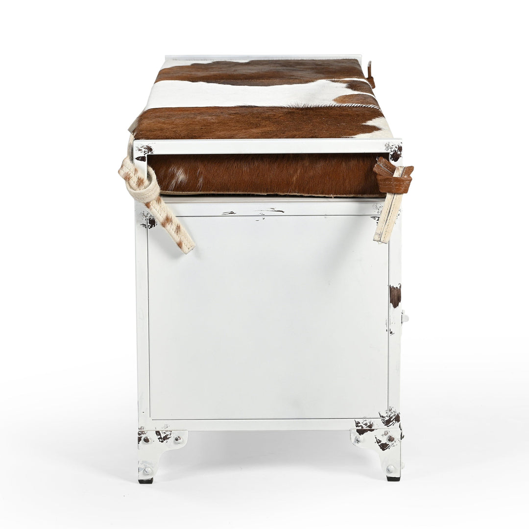 COWHIDE IRON LOCKER BENCH