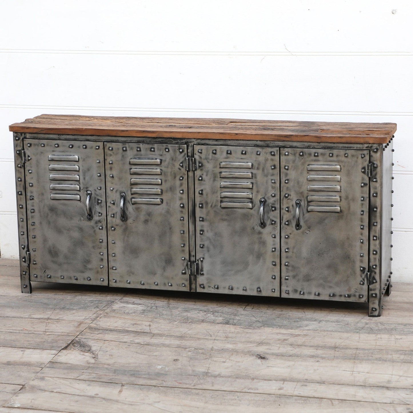 VINTAGE IRON LOCKER SIDEBOARD WITH RECLAIMED RAILWAY SLEEPER WOOD